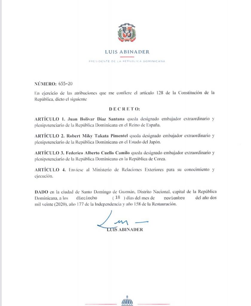 Abinader designa a Juan Bolivar Diaz embajador en Espana