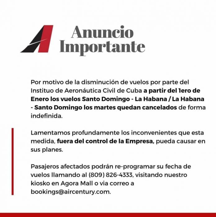 Air Century cancela de manera indefinida sus vuelos entre Santo Domingo y La Habana