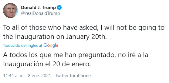 1610124008 162 Tras recuperar su cuenta de Twitter Trump anuncia que no asistira