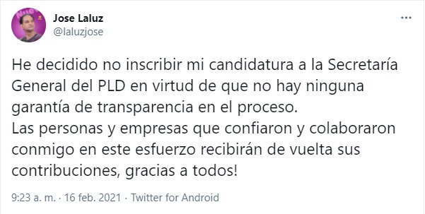 Jose Laluz dice que esta decepcionado retira candidatura a Secretaria