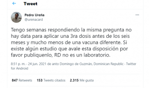 Pedro Ureña sobre tercera dosis de la vacuna