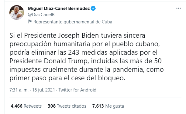 Diaz Canel dice EEUU tiene empeno en destruir a Cuba
