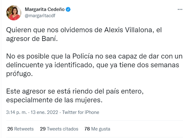 Margarita Cedeno pide a Alexis Villalona que se entregue y