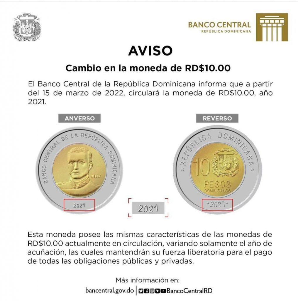Banco Central informa cambios en la moneda de 10 pesos