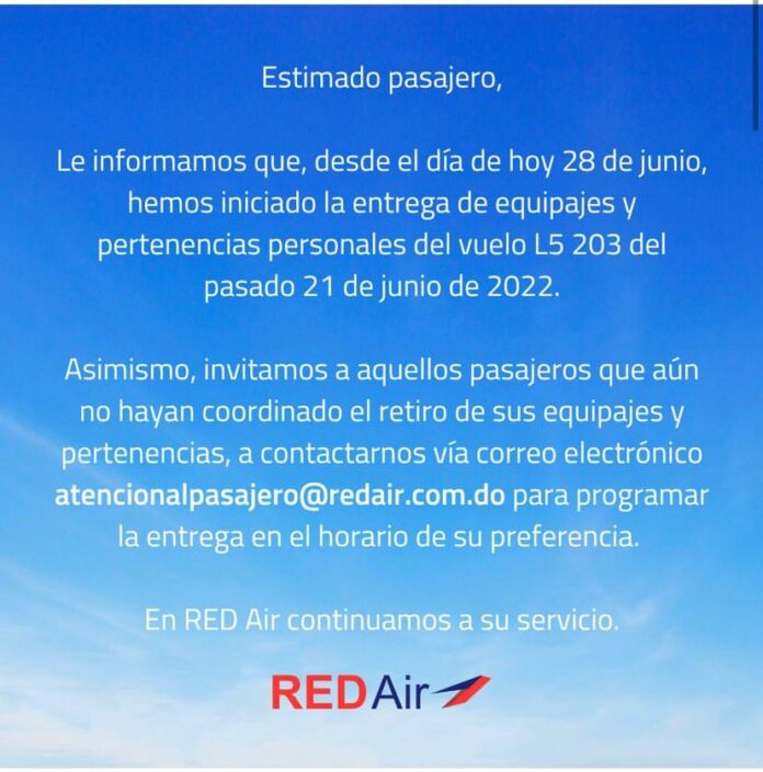 Red Air inicia entrega de equipajes y pertenencias a pasajeros de avión accidentado