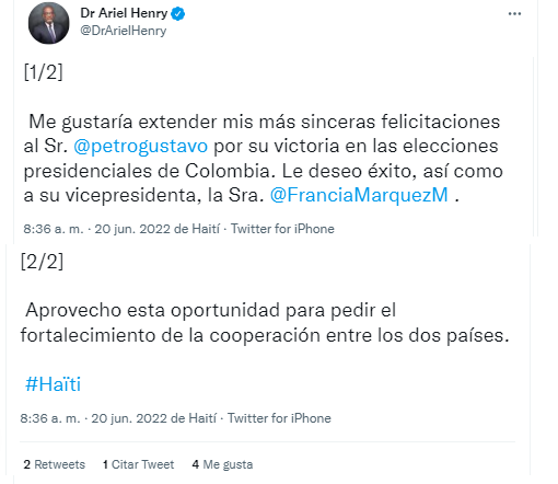 Primer ministro haitiano le desea exito a Petro por su